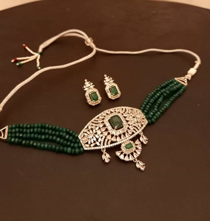 Green American Diamond Onyx Semi Precious Stone Beading Choker Necklace Set