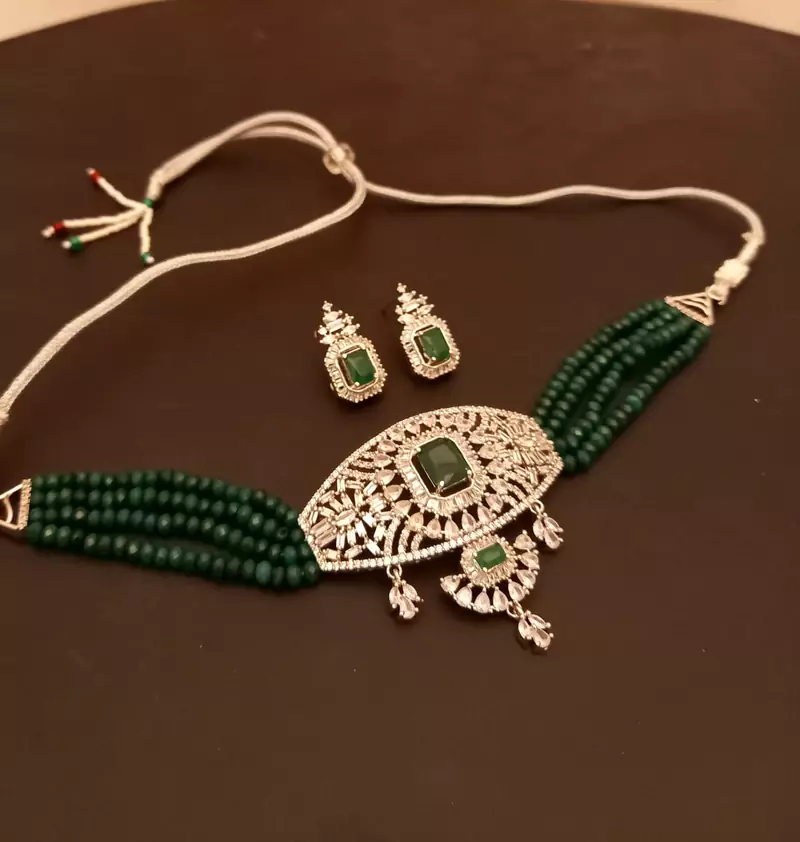 Green American Diamond Onyx Semi Precious Stone Beading Choker Necklace Set