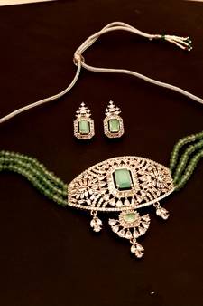 Green American Diamond Onyx Semi Precious Stone Beading Choker Necklace Set