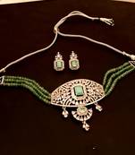 Green American Diamond Onyx Semi Precious Stone Beading Choker Necklace Set