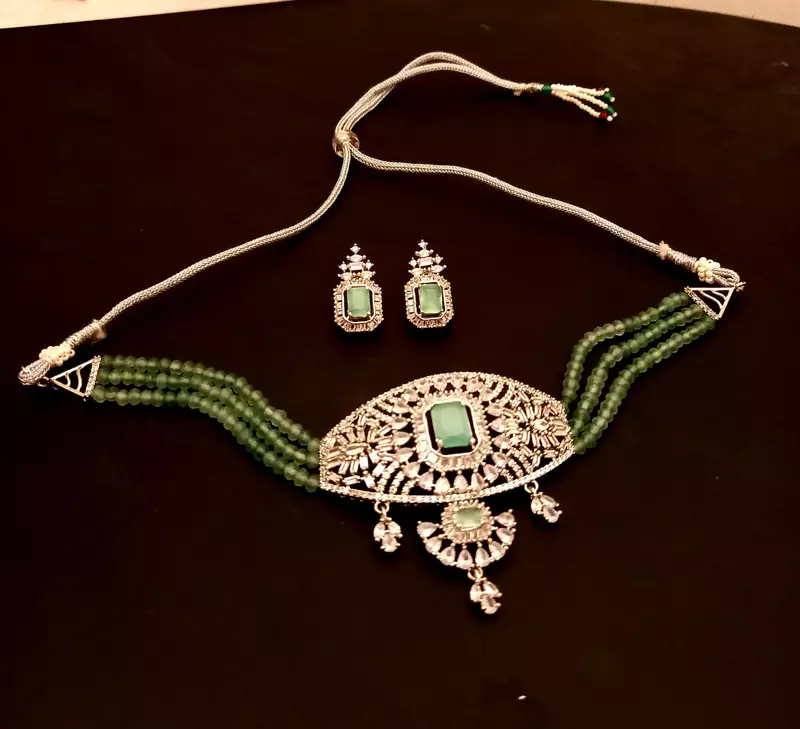Green American Diamond Onyx Semi Precious Stone Beading Choker Necklace Set