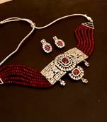 Maroon American Diamond Onyx Semi Precious Stone Beading Choker Necklace Set