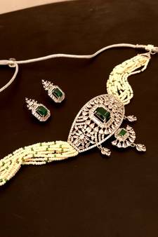 Green American Diamond Stone Beaded Choker Necklace Set