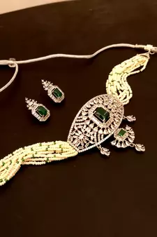 Green American Diamond Stone Beaded Choker Necklace Set