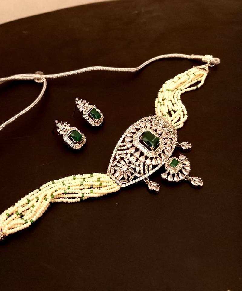 Green American Diamond Stone Beaded Choker Necklace Set
