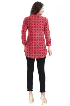 Supreme Style Red Rayon Cotton Geometric Print Short Tunic Top