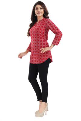 Supreme Style Red Rayon Cotton Geometric Print Short Tunic Top 3