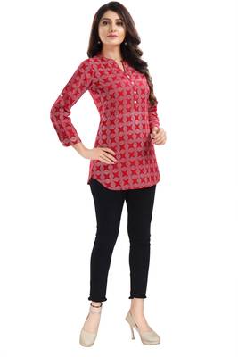 Supreme Style Red Rayon Cotton Geometric Print Short Tunic Top 4