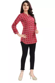 Supreme Style Red Rayon Cotton Geometric Print Short Tunic Top