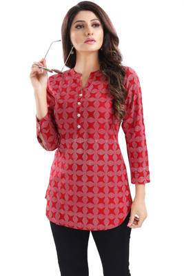 Supreme Style Red Rayon Cotton Geometric Print Short Tunic Top 5