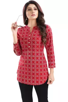 Supreme Style Red Rayon Cotton Geometric Print Short Tunic Top