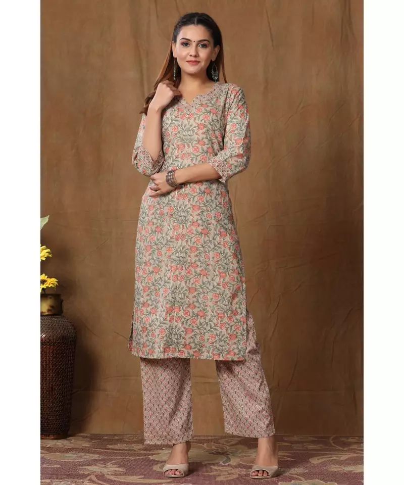 womens pure cotton printed straight kurti And palazzo set