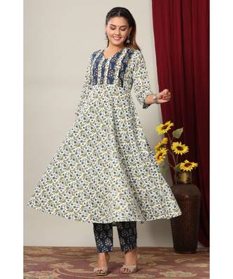 Women Floral Printed Anarkali Jaipuri Pure Cotton Kurta with Gold print Palazzo suit Set 1