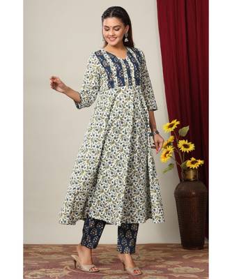 Women Floral Printed Anarkali Jaipuri Pure Cotton Kurta with Gold print Palazzo suit Set 2