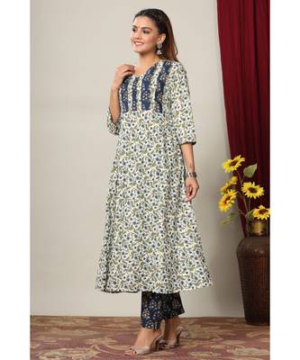 Women Floral Printed Anarkali Jaipuri Pure Cotton Kurta with Gold print Palazzo suit Set 3