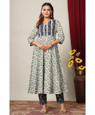 Women Floral Printed Anarkali Jaipuri Pure Cotton Kurta with Gold print Palazzo suit Set 4