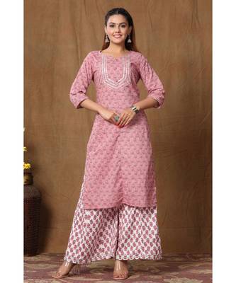 Womens Cotton Straight Floral Print Kurta Palazzo Set 1