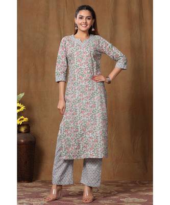Women's Cotton Floral Print Straight Kurti Palazzo Set 1