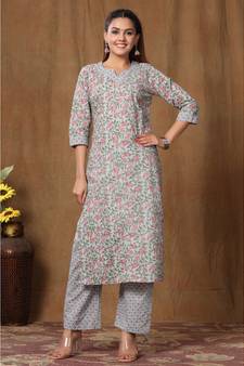 Women's Cotton Floral Print Straight Kurti Palazzo Set
