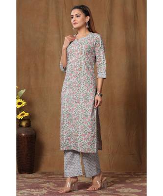 Women's Cotton Floral Print Straight Kurti Palazzo Set 2