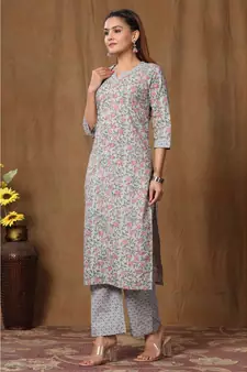 Women's Cotton Floral Print Straight Kurti Palazzo Set