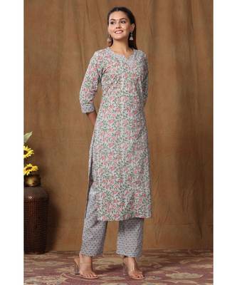 Women's Cotton Floral Print Straight Kurti Palazzo Set 3