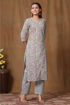 Women's Cotton Floral Print Straight Kurti Palazzo Set