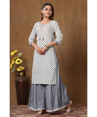 Women's Cotton Straight Floral Printed Kurta Palazzo Salwar Suit Set With Dori Tassels 1