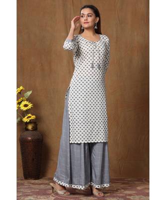Women's Cotton Straight Floral Printed Kurta Palazzo Salwar Suit Set With Dori Tassels 2