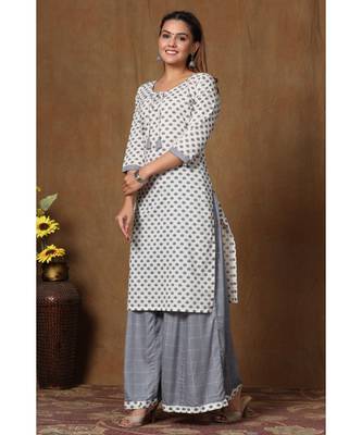 Women's Cotton Straight Floral Printed Kurta Palazzo Salwar Suit Set With Dori Tassels 3