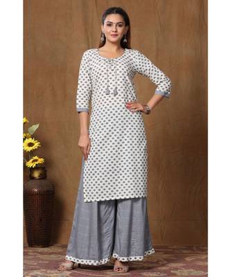 Women's Cotton Straight Floral Printed Kurta Palazzo Salwar Suit Set With Dori Tassels 4