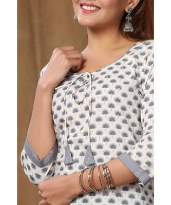 Women's Cotton Straight Floral Printed Kurta Palazzo Salwar Suit Set With Dori Tassels 5