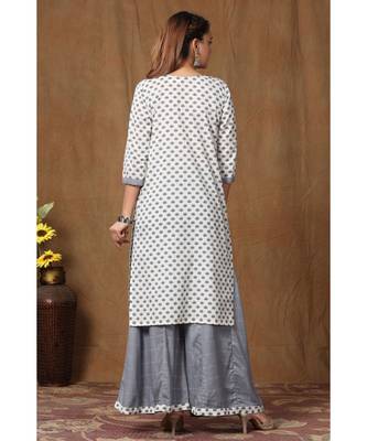 Women's Cotton Straight Floral Printed Kurta Palazzo Salwar Suit Set With Dori Tassels 6