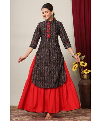 Women's Cotton Slub Lattern Print Straight Kurta Skirt Set 1