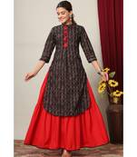 Women's Cotton Slub Lattern Print Straight Kurta Skirt Set