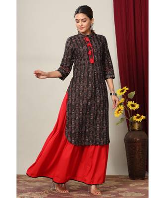 Women's Cotton Slub Lattern Print Straight Kurta Skirt Set 2