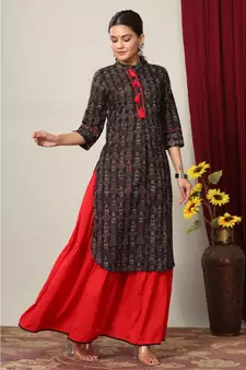 Women's Cotton Slub Lattern Print Straight Kurta Skirt Set