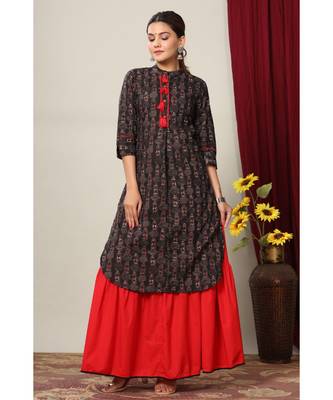 Women's Cotton Slub Lattern Print Straight Kurta Skirt Set 3