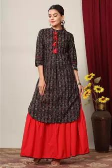 Women's Cotton Slub Lattern Print Straight Kurta Skirt Set
