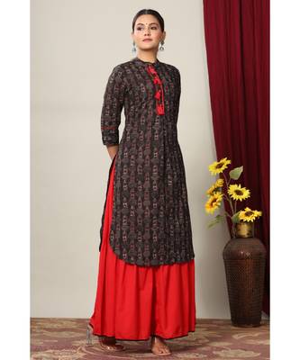 Women's Cotton Slub Lattern Print Straight Kurta Skirt Set 4