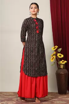 Women's Cotton Slub Lattern Print Straight Kurta Skirt Set