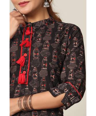 Women's Cotton Slub Lattern Print Straight Kurta Skirt Set 5