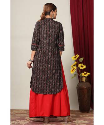 Women's Cotton Slub Lattern Print Straight Kurta Skirt Set 6