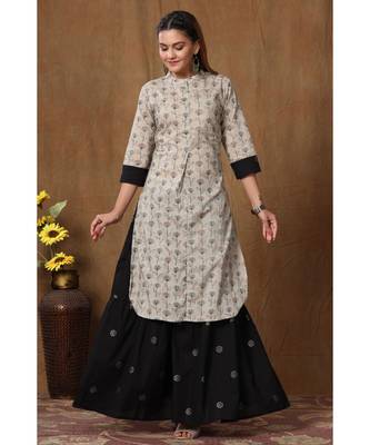 Women's Pure Cotton Floral Print Apple Cut Straight Kurta with Skirt suit Set 1