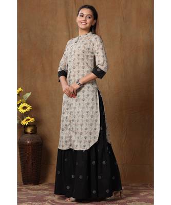 Women's Pure Cotton Floral Print Apple Cut Straight Kurta with Skirt suit Set 2
