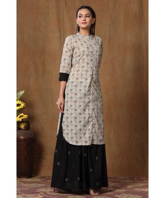 Women's Pure Cotton Floral Print Apple Cut Straight Kurta with Skirt suit Set 3