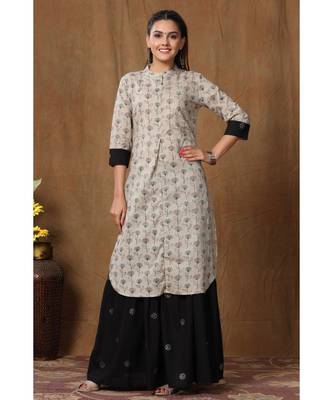 Women's Pure Cotton Floral Print Apple Cut Straight Kurta with Skirt suit Set 4