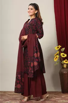 Women's Cotton Floral Print Straight Kurta Sharara Dupatta Set