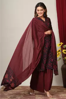 Women's Cotton Floral Print Straight Kurta Sharara Dupatta Set
