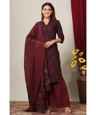 Women's Cotton Floral Print Straight Kurta Sharara Dupatta Set 4